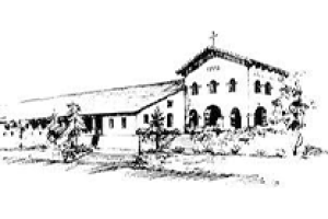 Black and white sketch of a historic mission building