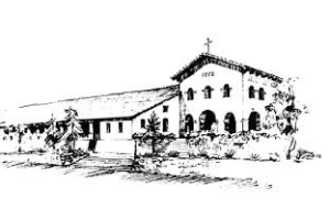 Black and white sketch of a historic mission building 